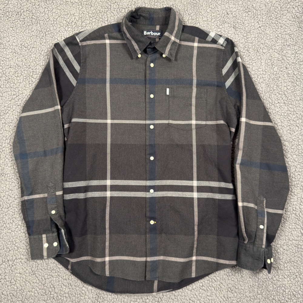 Barbour Dunoon Shirt Men Small Tailored Fit Tartan Plaid Cotton Gray Button Down